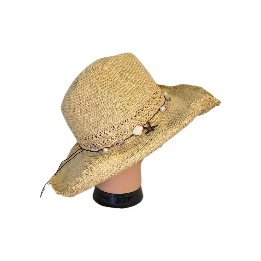 Boho Straw Sun Hat Womens OS Coastal Cowgirl Beach Fringe Pearl Shells Starfish